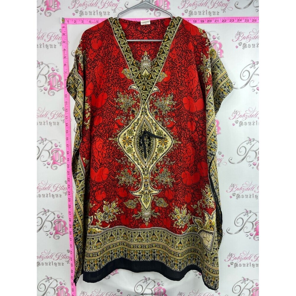 Asha coverup dress tie waist Bohemian Red Paisley V-Neck Women's Tunic Top